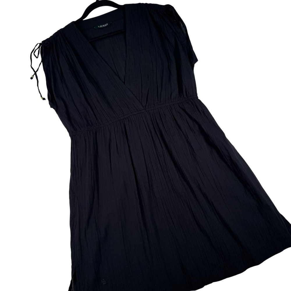 Lauren Ralph Lauren Black Gauze V-Neck Empire Waist Boho Dress L XL 21.5 P2P